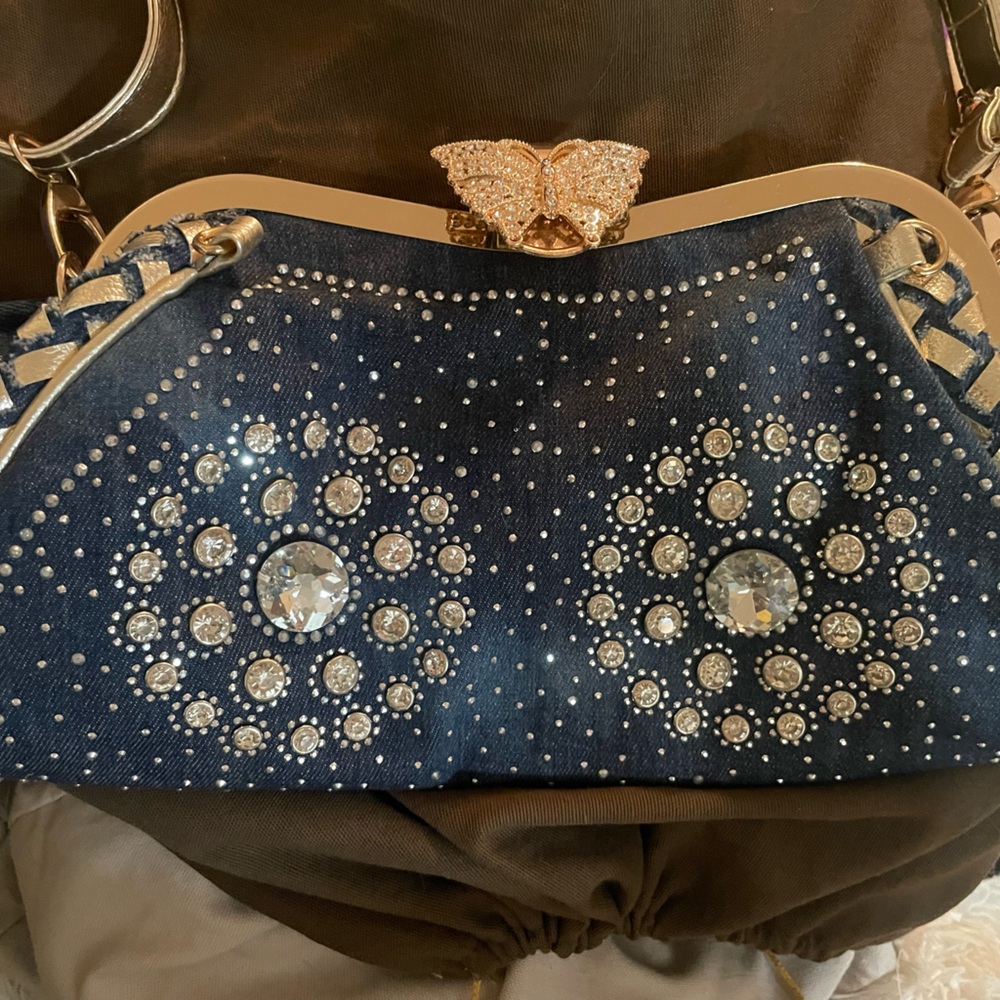 NEW Elegant Denim Blue and Gold Clutch with Rhinestone Detailing